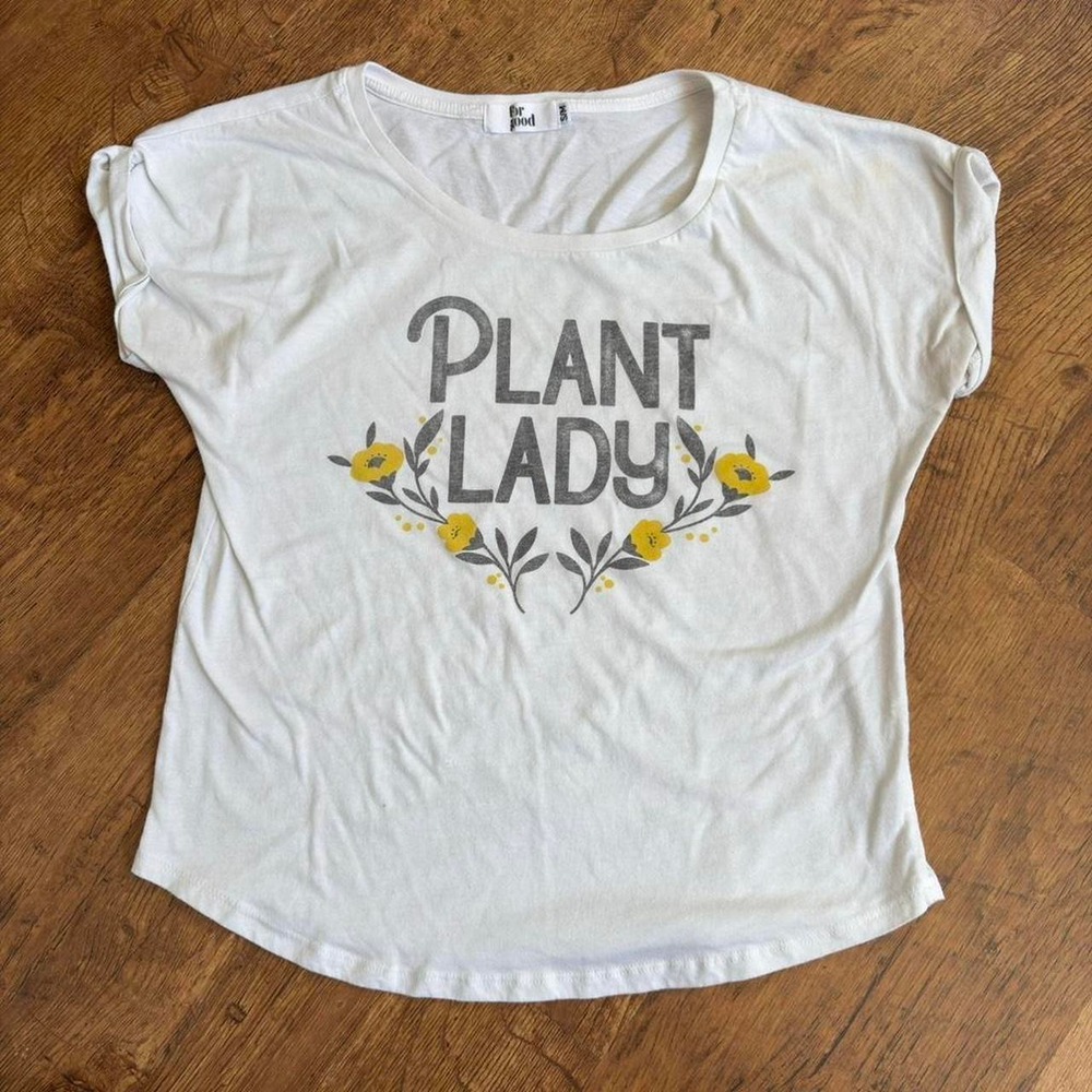 For Good Plant Lady Graphic T-Shirt White Folded Cuff Floral Tee Size S/M